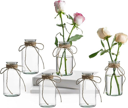 Vintage Glass Vases, Mason Jars for Centerpieces, Farmhouse Mason Jar Vase with Rope Design, Centerpiece Vases for Table, Wedding & Home Decor (6)