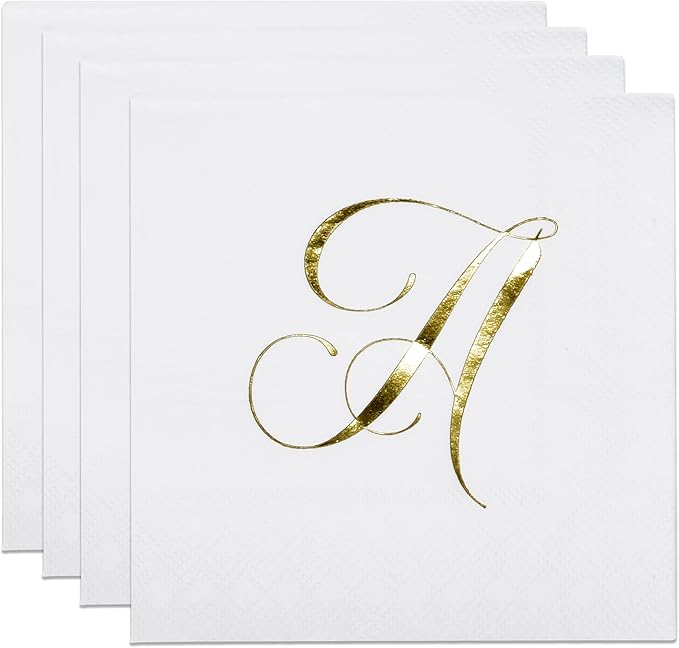 Gift Boutique 100 Gold Letter A Monogram Cocktail Napkins Disposable Paper Pack Elegant Metallic Golden Foil Hand Napkin for Powder Room Wedding Holiday Birthday Party Baby Shower Decorative Towels