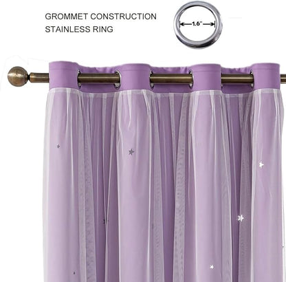 Ombre Rainbow Blackout Curtains for Kid Girls Bedroom Living Room Darking Stripe Double Layer Star Cut Out Wall Home Decor Gradient Grommet Window Curtains (Purple 95L)