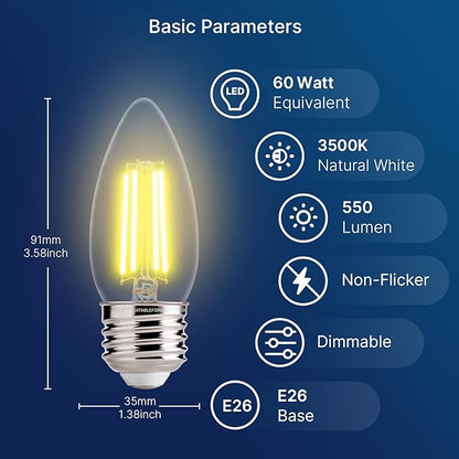 FLSNT 60W Equivalent LED Chandelier Light Bulbs, Dimmable LED B11 E26 Candelabra Base Bulbs, 3500K Natural White, 550LM, 6 Pack UL,CA65 Listed.