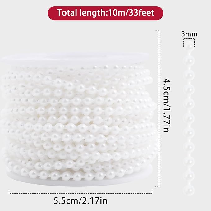 Pearls String Beads 33 Feet Crafts Faux Pearl Roll for Christmas Garland Flowers Wedding Party Jewelry Decoration(3mm White)