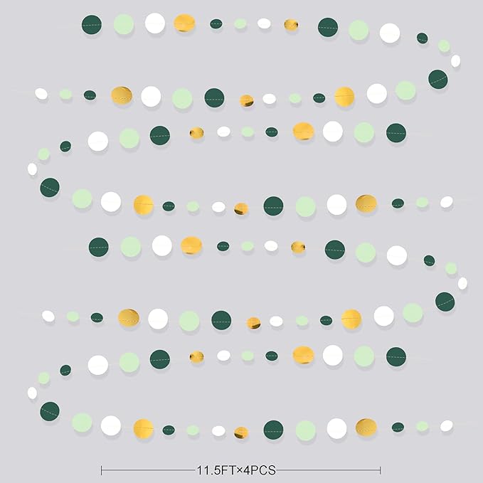 46 Ft Sage Green Gold Party Decorations Polka Dots Garlands Hanging Paper Circle Dots Streamer for Safari Wild Woodland Jungle Theme Birthday Baby Shower Graduation Wedding Party Decorations Supplies