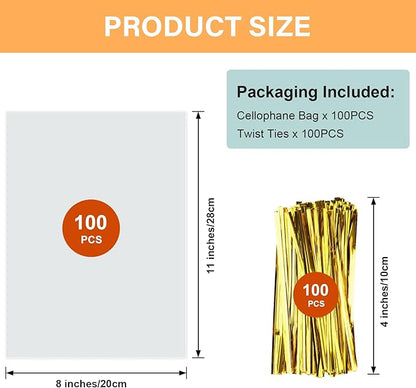 ZHEWTOEN 100 Pcs 8x11 Inch Clear Cellophane Treat Bags with Color Twist Ties, Plastic Goodie Cello Bags for Candy, Cookies, Popcorn, Small Gift Wrapping, Party Favors, Bakery Packaging