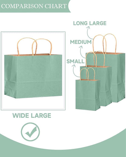 qiqee 100PCS Large Gift Bag with Handles Bulk 13"x4.5"x10" Gift Bags Kraft Light Blue Multiple Uses (32x11x25cm,Wide Large)