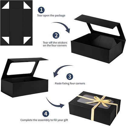 TIACABO Black Large Gift Box with Window, 13.5"x9"x4.3" Bridesmaid Boxe for Gifts Giving,Birthday Gift Boxes with Magnetic,Closure Lid Gifts Box for Presents,Cute Boxe,Luxury for Gift Packaging