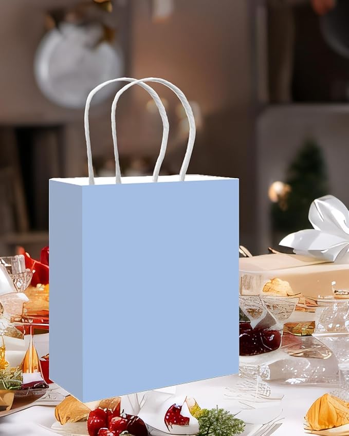 qiqee 50-Packs Light Blue Paper Gift Bags with Handles Bulk 13"x10.3"x4.6" Large Size Party Favor Bags Multiple Uses