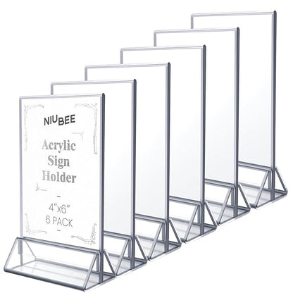 NIUBEE 6Pack 4x6 Clear Acrylic Sign Holder with Sliver Borders and Vertical Stand, Double Sided Table Menu Holders Picture Frames for Wedding Table Numbers, Restaurant Signs, Photos and Art Display