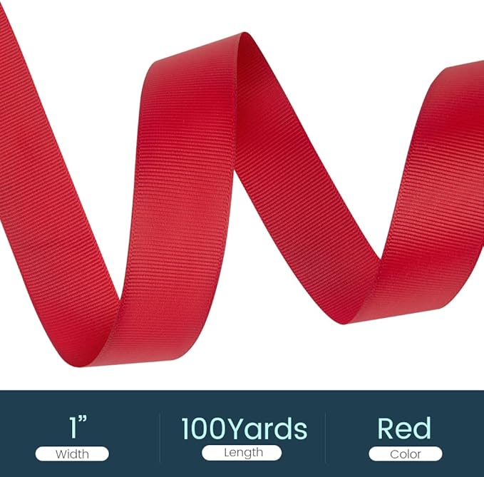 1" X 100 Yards Red Grosgrain Ribbon, Premium Grosgrain Ribbon for Sewing, Gift Wrapping, Bow Making, Wedding Decor, Wrapping and More (Red)
