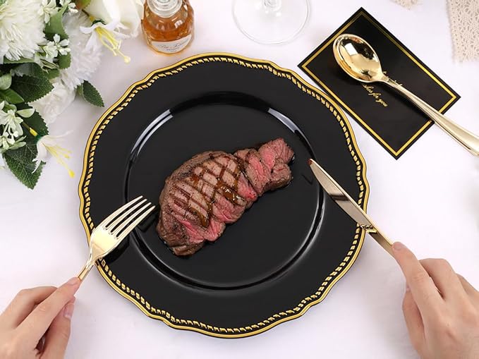 Hioasis 60pcs Black Plastic Plates - Black and Gold Disposable Dinnerware with Gold Rim, Heavy-duty, 7.5 inch, Dessert Plates for Party & Halloween