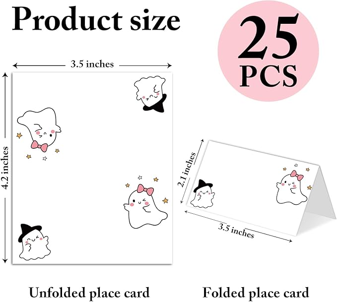 25 Pack Halloween Place Cards, Editable Name Cards for Table Setting, Cute Ghost Tent Cards Food Label for Dinner Party, Bridal Shower, Wedding, Baby Shower and Events -T37