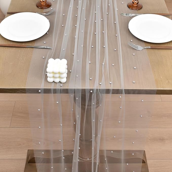 Joanlody Fall Pearl Table Runner 10ft Rustic Boho Tulle Table Runner with Pearls for Baby Shower Wedding Party Veil Dessert Thanksgiving Table Decor Gray 4pcs
