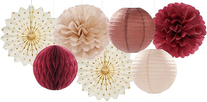 Brown Burgundy Champagne Boho Party-Decorations - 14pcs Rustic Wedding Paper Lanterns Fan,Tissue Pom Poms Streamers,Honeycomb,Fall Autumn Birthday Baby Bridal Shower Engagement Decor Lasting Surprise