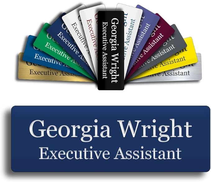 Custom Engraved Name Tag 1" x 3" Personalized Badge Magnetic or Pin Backing Made in The USA by Gem Awards (Navy)