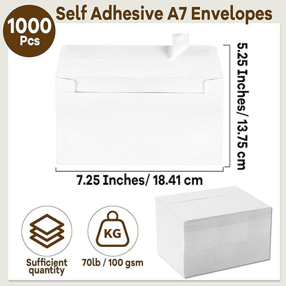 gisgfim 1000 Pcs A7 Envelopes 5.25x7.25 Inches Self Adhesive Invitation Envelopes for 5x7 Cards Printable Mailing Mailers Bulk for Wedding Baby Shower Postcard Photo Thank Notes Greeting Card
