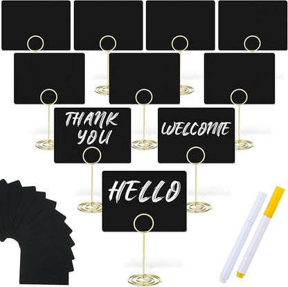 TecUnite 12 Pcs Mini Chalkboard Signs, 4"x3" Small Chalkboard Label with Metal Stand 2 Water Based Chalk for Food Buffet Tabletop Blackboard Sign for Party Bakery(Gold,3.4 x 1.6 in)