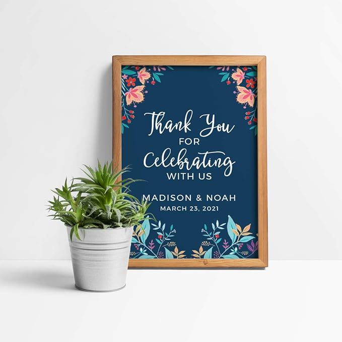 Andaz Press Personalized Extra Large Wedding Easel Board Party Sign, 12x18-inch, Vintage Bohemian Flowers on Navy Blue, Thank You for Celebrating With Us Bride Groom Name Date, 1-Pack, Custom