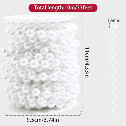 Pearls String Beads 33 Feet Crafts Faux Pearl Roll for Christmas Garland Flowers Wedding Party Jewelry Decoration(10mm White)