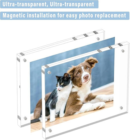 HELPLEX 2 Pack 6x6 Acrylic Picture Frames, 24mm Thicker Square Frameless Clear Frame Double Sided Magnetic Frame, Free Standing Desktop Display Stand