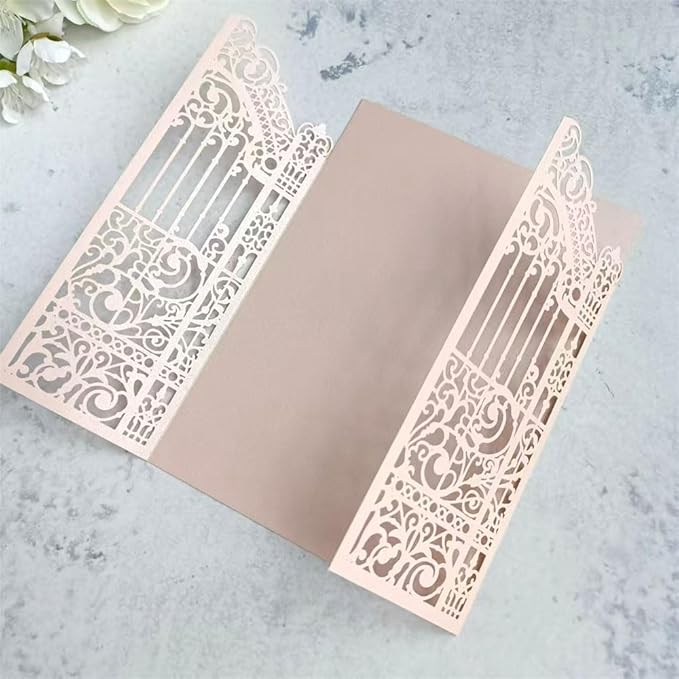 MillaSaw Soft Pink Laser Cut Gate Invitation for Wedding Bridal Shower Birthday Quinceanera Invitation 25 Sets (soft pink, 4.9"x7.1")