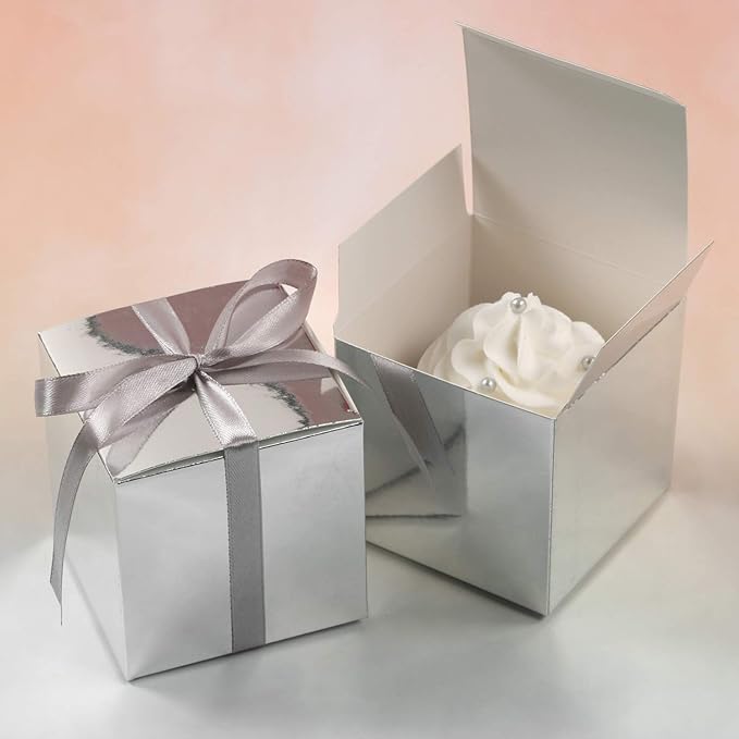 COTOPHER 100pcs Wedding Favor Boxes, Paper Gift Boxes 3x3x3 Inches Small Gift Boxes with Ribbons Small Boxes for Gifts, Crafting, Cupcake, Candy, Bridesmaid Proposal Boxes (Metallic Silver)