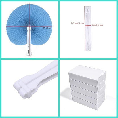 12 Packs Decorative Paper Folding Hand Fans Handheld,Blue Round Foldable Wedding Fans Chinese and Japanese Fans Bulk for Bridal Guest Church Party Favors Dancing Birthday DIY