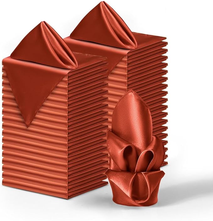 36 Pack Square Satin Dinner Napkins, 16x16 Inches Silky Soft Smooth Table Cloth Napkins for Restaurant Weddings Banquet Party Decoration, Burnt Orange