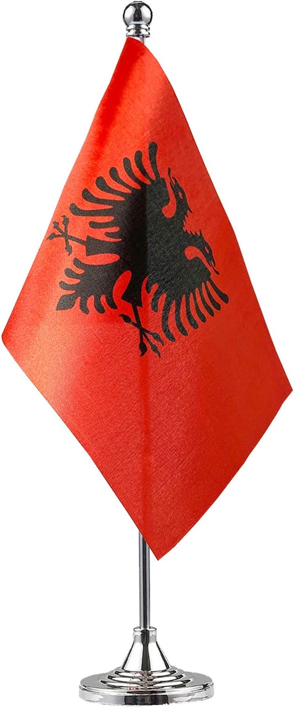 GentleGirl.USA Albania Table Flags Stick Small Mini Albania Flag Office Desk Flag on Stand with Stand Base, International Festival Decoration,Albania Theme Party Decoration,Home Desk Decoration