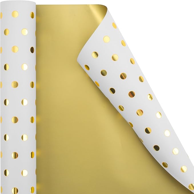 Flyhill Reversible Wrapping Paper-Mini Roll,Gold Foil and Polka Dot Design for Birthday,Holiday,Party,Baby Shower (17 Inch X 32.8 Feet)