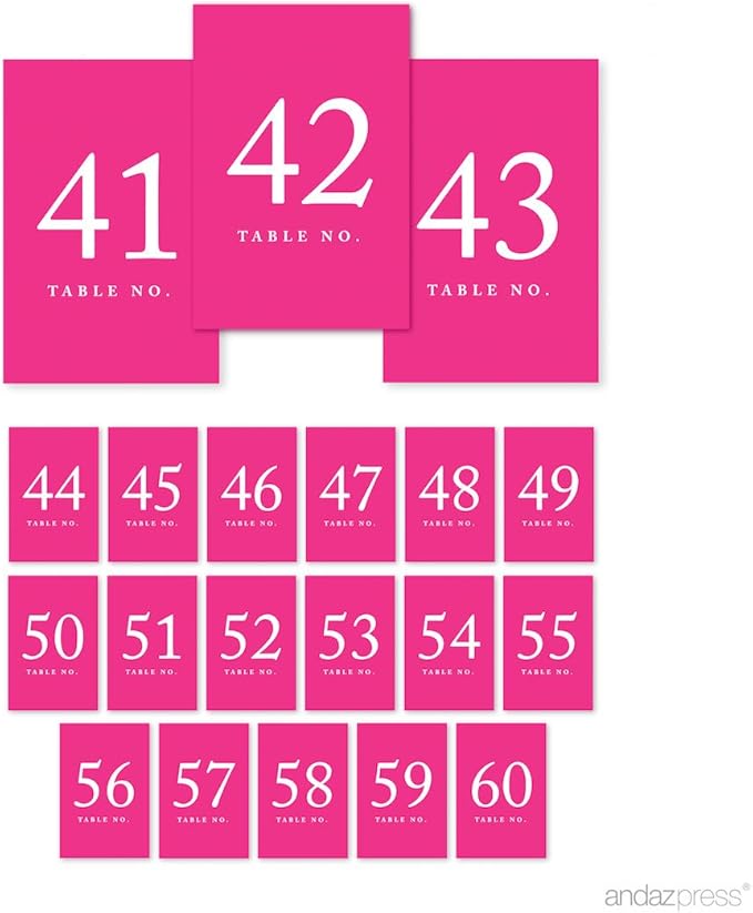 Andaz Press Fuchsia Wedding Table Numbers 41-60, 4x6-Inches Table Number Cards For Wedding Reception, Table Number For Seating Chart For Wedding Reception, Restaurant, Classroom, Boda