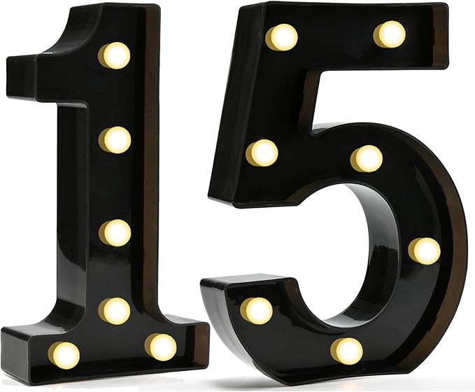 Pooqla Decorative Led Light Up Number Letters, Black Plastic Marquee Number Lights Sign for 15th Birthday Party Wedding Decor Battery Operated Black Decoration 15