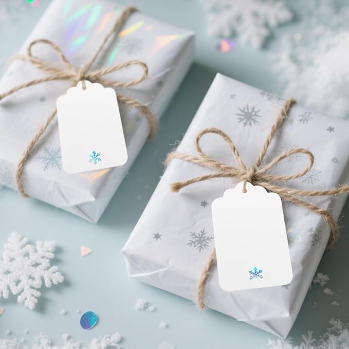100Pcs Blank Gift Tags with String Iridescent Foil Snowflake Large Gift Tags White Paper with 65 Ft Jute Twine Cute Tags for Christmas Xmas Holiday Winter Wonderland Gift Wrap Tags