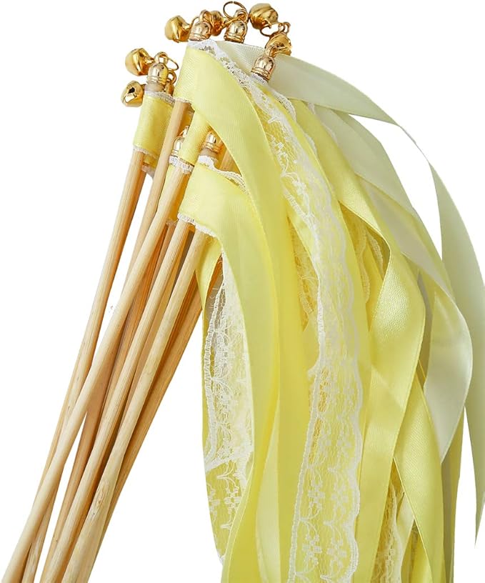 30pcs Lace Ribbon Stick Wands Christmas Birthday Party Streamers Wands Fairy Stick for Wedding Activities (Yellow+Lace)