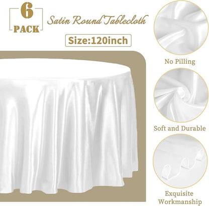 6 Pack 120 Inch White Round Tablecloth - Premium Silky Satin Tablecloth Overlay Smooth Fabric Table Cover Linens, Table Decoration for Wedding Party Banquet Events Restaurant Kitchen Dining