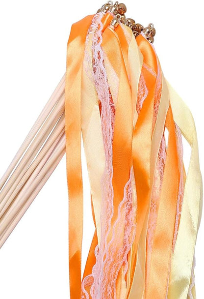 30pcs Lace Ribbon Stick Wands Christmas Birthday Party Streamers Wands Fairy Stick for Wedding Activities (Orange+Lace)