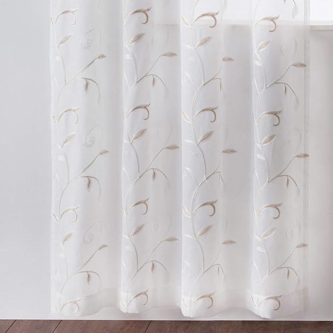 VISIONTEX White Sheer Voile Curtains, Decorative Beige Leaves Embroidery Faux Linen Rod Pocket Window Drapes for Home Kitchen, Living Room and Bedroom 54 x 63 Inch, Set of 2 Curtain Panels