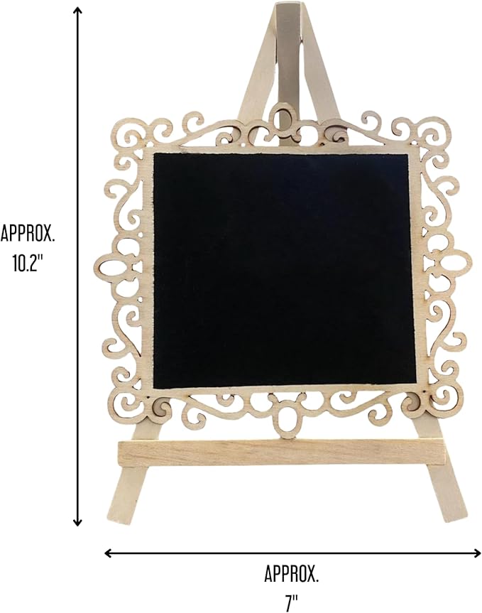 Chalkboard Signs Easel - Square Shape with Wood Framed Swirly Design, Includes 1 Chalk Stick, Size: 10" x 7" Wooden Blackboard, Perfect for Special Occasions and Events Decoration