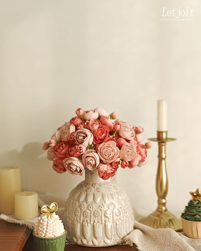 Letjolt Ranunculus Artificial Flower 18 Pcs Pink Silk Ranunculus Wedding Bouquet Engagement Centerpieces Arrangements Bridal Shower Decorations Home Decor, Deep Pink