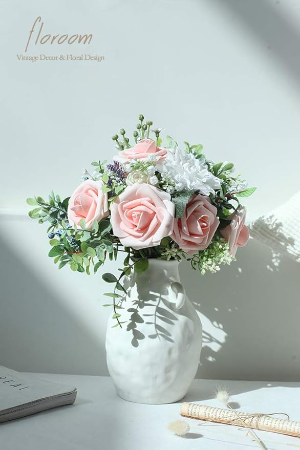 Floroom Artificial Flowers 25pcs Real Looking Blush Heirloom Foam Fake Roses with Stems for DIY Wedding Bouquets Pink Bridal Shower Centerpieces Floral Arrangements Party Tables Home Decorations