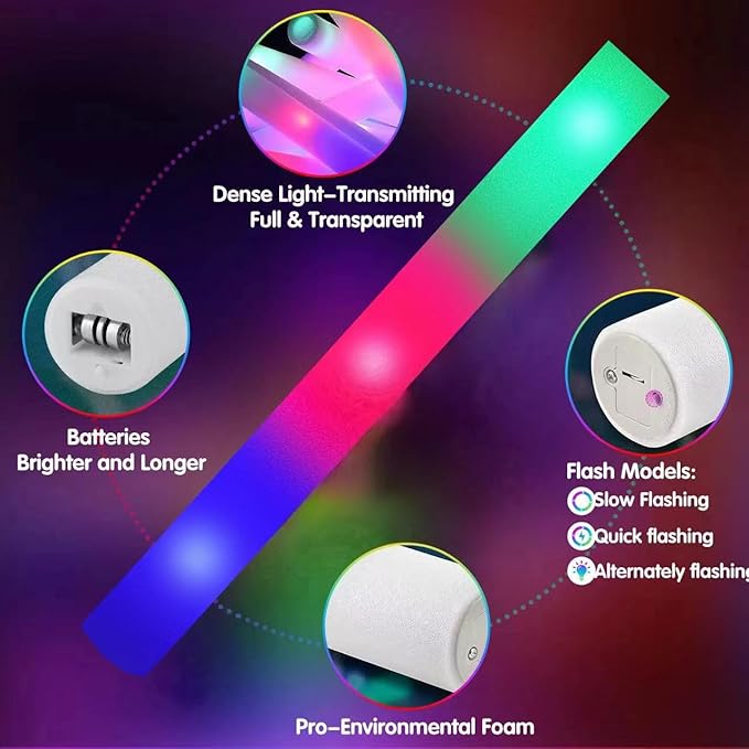 105 PCS LED Foam Glow Sticks, Glow Sticks Bulk Party Pack with 3 Modes Colorful Flashing, Glow in The Dark Party Supplies, Light Up Foam Sticks for Wedding, July 4th, Birthday, Raves, Concert