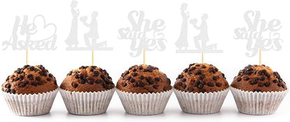 Sotpot 24PCS He Asked She Said Yes Cupcake Toppers With Heart Silver Glitter for Wedding Bridal Shower Wedding Engagement Party Cake Decorations