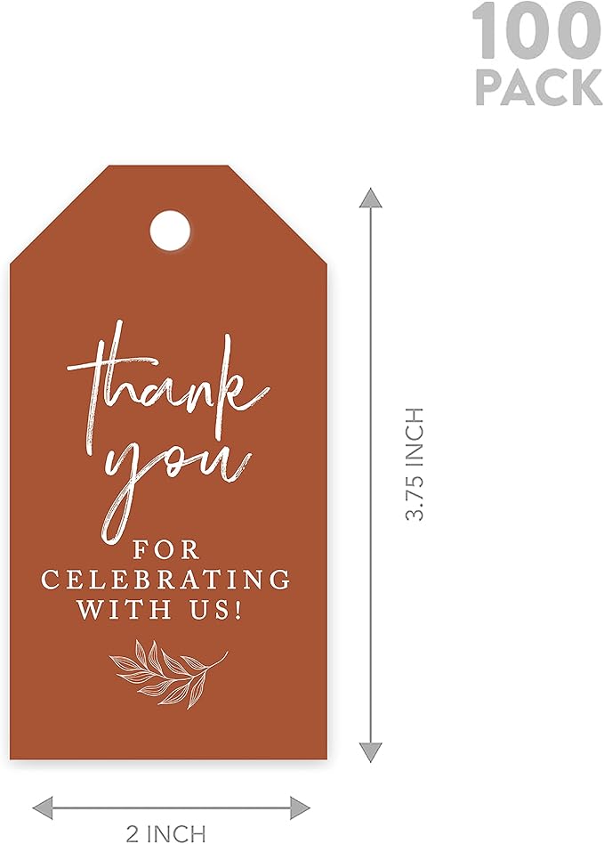 Andaz Press 100-Pack Thank You for Celebrating with Us Favor Tags Terracotta Cardstock Gift Tags with Bakers Twine for Wedding Baby Shower Bridal Shower Birthday Holiday Party Favors 2 x 3.75-Inches