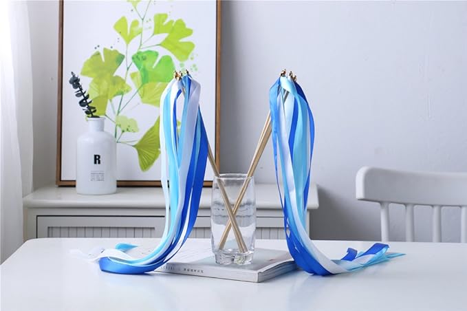 30 Pack Ribbon Wedding Wands Sticks Wedding Party Favors Streamers with Gold Bells Fairy Wand for Party Activities Baby Shower Holiday Celebration (Royal Blue)