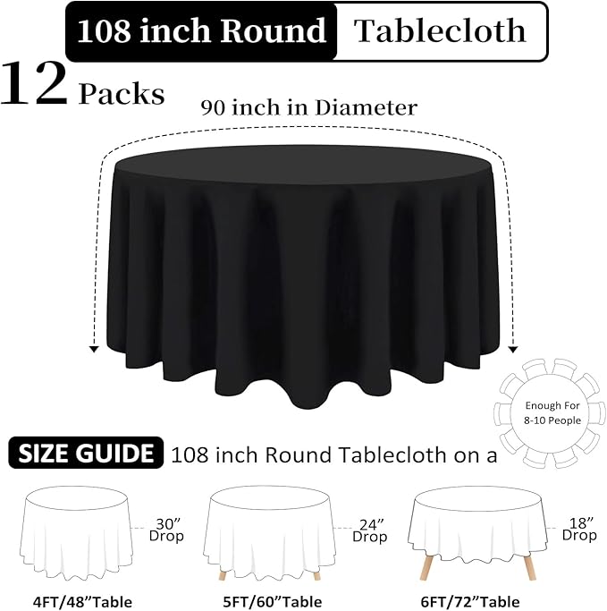 12 Pack Black Round Tablecloth 108 Inch Black Table Cloth Stain and Wrinkle Resistant Round Tablecloths Reusable and Washable Polyester Fabric for Buffet Wedding Party and Banquet