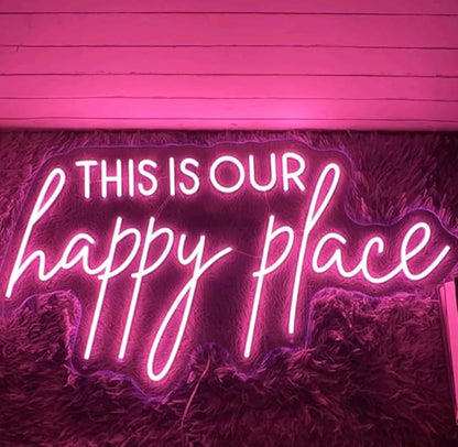 This Is Our Happy Place Neon Sign, Custom Bedroom LED Neon Light Home Bedroom Salon Wall Decor Personalized Gift Wedding Party Decoration USB Size:20x11inch