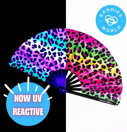 Kandies World UV Reactive Custom Festival Folding Hand Fan - Unique Designs, Made of Bamboo, Clacking Sound, Lightweight - Perfect Rave and Festival Accessory!