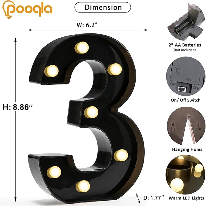 Pooqla Decorative Led Light Up Number Letters, Black Plastic Marquee Number Lights Sign for 3th 13th Birthday Party Wedding Decor Battery Operated Black Decoration 3