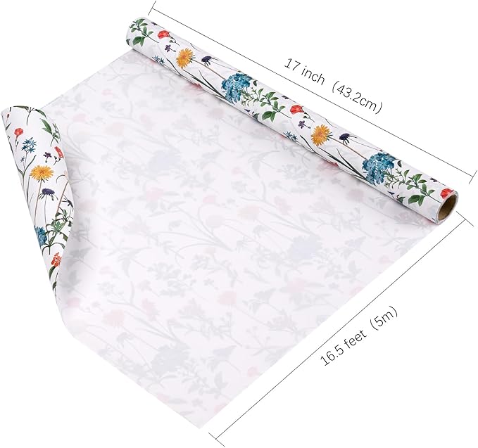 WRAPAHOLIC Kraft Wildflower Wrapping Paper - Mini Roll - 17 Inch x 16.5 Feet - Floral Wrapping Paper for for Wedding, Birthday, Bridal Shower, Tea Party