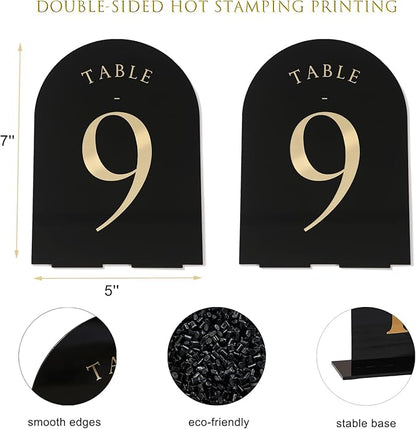 UNIQOOO Black Arch Wedding Table Numbers with Stands 1-15, Gold Foil Printed 5x7 Double Sided Acrylic Signs and Holders, Perfect for Centerpiece, Reception, Decoration, Party, Anniversary, Event