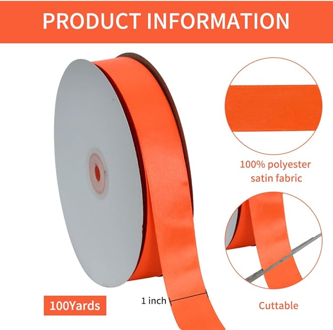 TONIFUL 1 Inch x 100yds Orange Satin Ribbon, Thin Solid Color Satin Ribbon for Gift Wrapping, Crafts, Hair Bows Making, Wedding Party Decoration, Floral Bouquets,Thanksgiving,Halloween