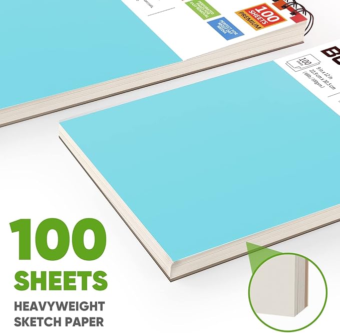 Soucolor 9" x 12" Spiral Bound Blank Sketch Notebook Journal Book- 1-Pack 100 Sheets Acid-Free 68lb/100gsm Paper, Art Sketchbook for Painting, Doodling, Journaling, Kids, Students, Adults, Beginners